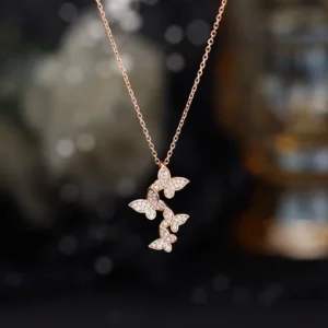 RENSINO Women’s 925 Sterling Silver Necklace Silver Rose Gold Plating Three Butterfly Zircon Stone Link Chain