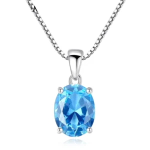 RENSINO Women’s 925 Sterling Silver Pendant Necklace Blue Zircon Oval Shape Fashion Pendant Necklace Jewelry