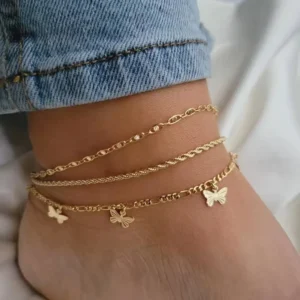 RENSINO Women’s Alloy Butterfly Pendant Foot Jewelry Butterfly Twist Chain Three-Piece Anklet Set