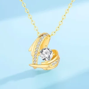 RENSINO Women’s Angel Wings Heart Choker 925 Silver Moissanite Pendant Necklace Cable Chain