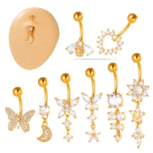 RENSINO Women’s Beachy Style Jewelry Hypoallergenic Copper Belly Button Rings CZ butterfly Heart Dangle Navel Ring Body Piercing