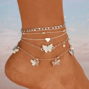 RENSINO Women’s Bohemian Anklet Chain Multilayer Geometric Butterfly Heart Pendant with Gold Plated Alloy Foot Chain