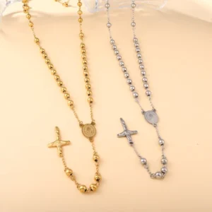 RENSINO Women’s Christian Cross Bead Necklace Religious Style Stainless Steel 6mm Bead Chain Gold/Silver Plated Versatile Gift Jewelry