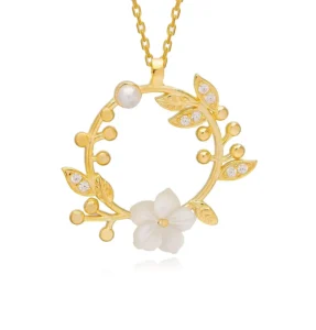 RENSINO Women’s Classic Jewelry 18k Gold Plated 925 Silver Zircon Pearl Summer Flower Pendent Necklace