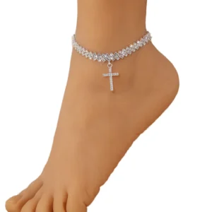 RENSINO Women’s Diamond Shaped Rhinestone Cross Pendant Personalized Fashion Alloy Anklets for Beach Wear