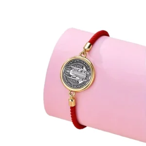 RENSINO Women’s Double-Hole Pendant Woven Bracelet Two-Tone Red Alloy Saint Benedict Butterfly Religious Ancient Silver Christian Design