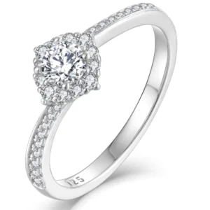RENSINO Women’s Engagement Ring Rhodium Plated Sterling Silver with 2.1mm Width Halo & 8mm Center Stone Moissanite Ring Set