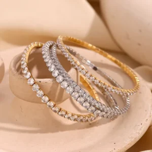 RENSINO Women’s European American Fashion Style Niche Design High-end Jewelry Stainless Steel 18K Gold Plated Creative Elastic Zircon