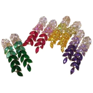 RENSINO Women’s Fashion Drop Earrings Full Colorful Diamond with Long Crystal Flower and Leaf Alloy Jewelry for Party