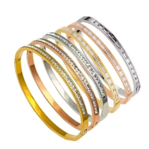 RENSINO Women’s Fashionable 18K Gold-Plated Stainless Steel Pattern Bracelet Stylish Hollow Wave Opening Design Zircon for Stylish Women