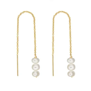 RENSINO Women’s Fine Jewelry 925 Silver 18k Real Gold Three Freshwater Pearl Earrings