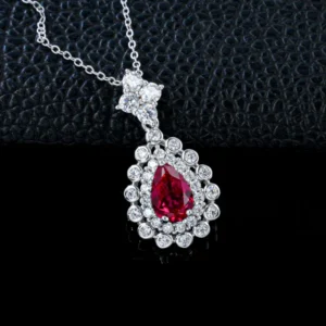 RENSINO Women’s Fine Pendant Necklace IGI Certified Lab Grown Ruby Rhodium Plated 925 Silver Link Chain Classic Gift