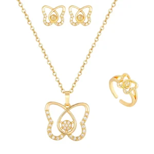 RENSINO Women’s Gold Plated Brass Zircon Necklace Earring Set Simple Fashion Butterfly Jewelry for Wedding Party Engagement Gift