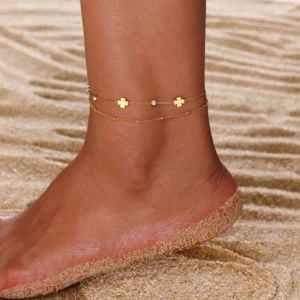 RENSINO Women’s Good Luck Anklet Stainless Steel Pearl Chain Silver Gold Plating Trendy Fashion Style Charm Bracelets Women’s Jewelry
