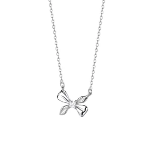 RENSINO Women’s Holiday Dainty Bow Knot Pendant Necklace Glossy Sterling Silver Diamond Butterfly Shape Bezel Setting Elegant Jewelry