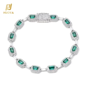RENSINO Women’s Jewelry Silver Plated Green Baguette Diamond Chain Bracelet Micro Pave Emerald Zircon Fashion Bracelet