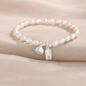 RENSINO Women’s Lotus Silver Color Chain Bracelet Freshwater Pearl 925 Sterling Silver Charm Bracelet