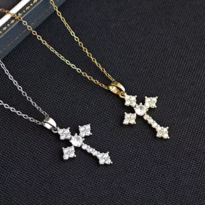 RENSINO Women’s Luxury 18k PVD Gold plated Cubic Zirconia Cross Pendant Necklace Stainless Steel Religious Christian Jewelry