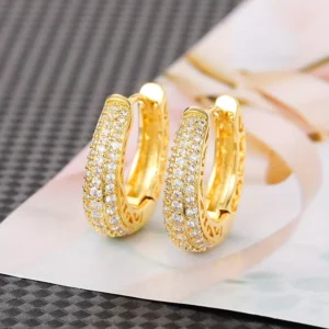RENSINO Women’s Luxury Bridal Wedding Earrings Bling Bling Full Cubic Zirconia Trendy Geometric Brass Hoop Hot Selling