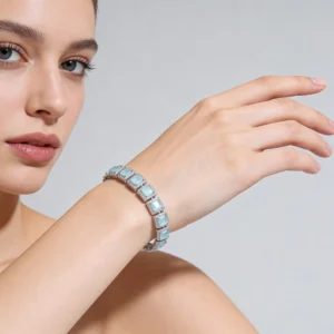 RENSINO Women’s Rhodium Plated 925 Sterling Silver Sparkling CZ Square Charm Bangle Blue Clustered Tennis Chain Bracelets Gift