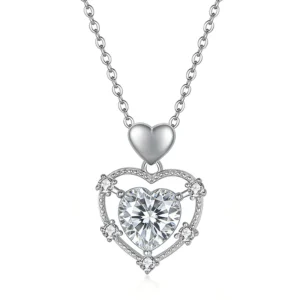 RENSINO Women’s S925 Silver Rose Gold Plated 2 Ct Moissanite Claw Setting Pendant Necklace O-Chain Heart-shaped Design