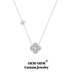 RENSINO Women’s S925 Sterling Silver Rose Cut Moissanite Classic GRA Certified Lucky Four Leaf Clover Pendant Necklace Collar Chain