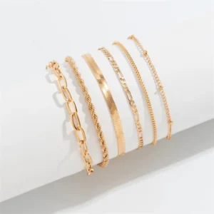 RENSINO Women’s Set Multi-Layered 6PCS/Set Fashion Jewelry 18K Gold Plated Stainless Steel Chain Bracelet Bangles