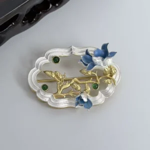 RENSINO Women’s Silver Gilt Filigree Peony Natural Freshwater Pearl Jade Brooch Wedding Engagement Gift