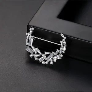 RENSINO Women’s Silver Plated Brass Moon Brooch with Cubic Zirconia Elegant Japanese Korean Design Jewelry for Party & Wedding Gifts