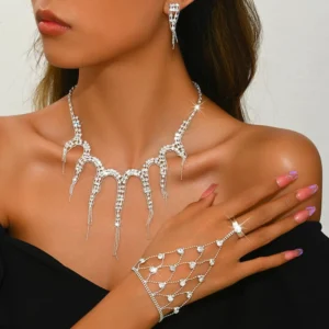 RENSINO Women’s Silver Plated Jewelry Set Exaggerated Full Crystal Necklace Earrings Bracelet for Anniversary Parties