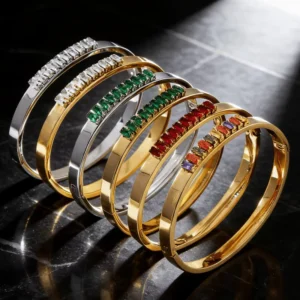 RENSINO Women’s Stainless Steel Bangles 18K Gold Plated Zircon Baguette Square Shape Trendy Fashion Jewelry Twinko Party