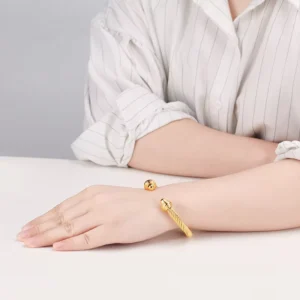 RENSINO Women’s Stainless Steel Braid Cable Cuff Bangle Fashion Anti Tarnish 18K Gold Plated Twist Lines Open Bracelet Jewelry