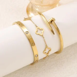 RENSINO Women’s Stainless Steel Golden Clover BANGLE Set Nail Hollow Bracelet With Electroplating