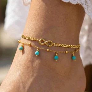 RENSINO Women’s Stainless Steel Infinity 8 Shape Double layer Blue Turquoise Tassel Anklet 18K Gold Plated Jewelry