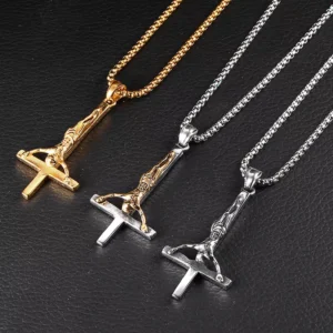 RENSINO Women’s Stainless Steel Jesus Christ Cross Pendant Necklace European Style Religious Hip Hop Jewelry Gold Plated