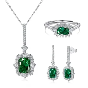 RENSINO Women’s Sterling Silver 925 Fine Jewelry Set with Emerald and Zircon for Wedding Party Engagement Includes Necklace Ring and Earring