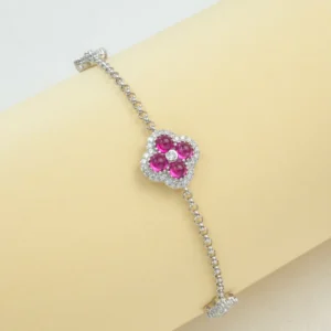RENSINO Women’s Sterling Silver Lab Grown Ruby Asscher Cut Floral Chain Link Bracelet Luxury Design