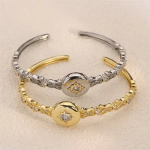 RENSINO Women’s Sunflower Starry Ring Cuff Bracelet Two Tone 18K Gold Plated Zircon Vintage Fashion Luxury Set