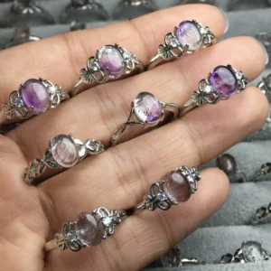 RENSINO Women’s Trendy Fashion Jewelry Natural Super Seven Gemstone Rings 925 Silver Gold Plated Micro Insert Setting Geometric Design