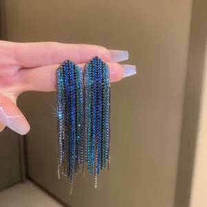 RENSINO Women’s Trendy S925 Silver Needle Blue Crystal Geometric Inlaid Rhinestone Tassel Long Earrings Gold Plated Fashion
