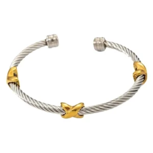 RENSINO Women’s Two Tone Silver Cable Twisted Cross Bracelet Charm Bangle Cuff