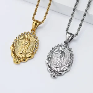 RENSINO Women’s and Men’s Silver Religious Rhinestone Pendant Necklace Gold Plated Virgin Mary for Weddings Link Chain