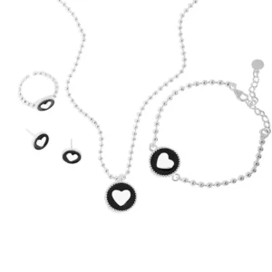 RENSINO WuQie Black Epoxy Women Jewelry Sets 925 Silver Enamel Heart Ring Bracelet Earrings Necklace Jewelry Set