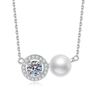 RENSINO XL314 Moissanite Design Round Pearl Necklace for Women S925 Silver