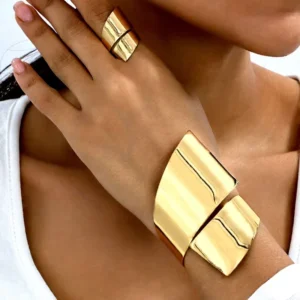 RENSINO Xiao Shi Cheng Minimalist Stainless Steel Hologram Bracelet and Ring Set with Lustrous Finish Vintage Style