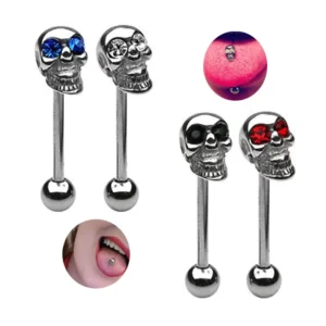 RENSINO Xinfocus 14G Stainless Steel Straight Barbell Skull Fashion Body Jewelry Tongue Ring Piercing for Women Men
