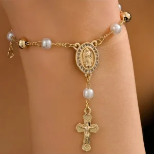 RENSINO Y Shape Saint Benedict Bracelets Catholic Virgin De Guadalupe Beads Cross Rosary Women Pearl Bracelet