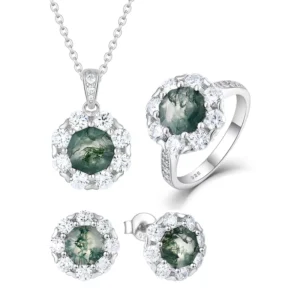 RENSINO YILUN 925 Sterling Silver Moss Agate Jewelry Set Hexagon Green Gemstone Necklace Earrings Ring Vintage Bridal Gift