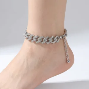 RENSINO YJ21 3325 Popular European American Trendy Rhinestone encrusted Hip hop Cuban Chain Alloy Anklet for Women