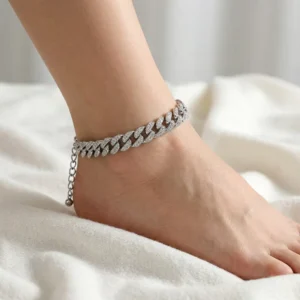 RENSINO YJ21 3329 European American Hip Hop Cool Full Rhinestone Cuban Chain Alloy Anklet Personality Trendy Women Ankle Bracelet